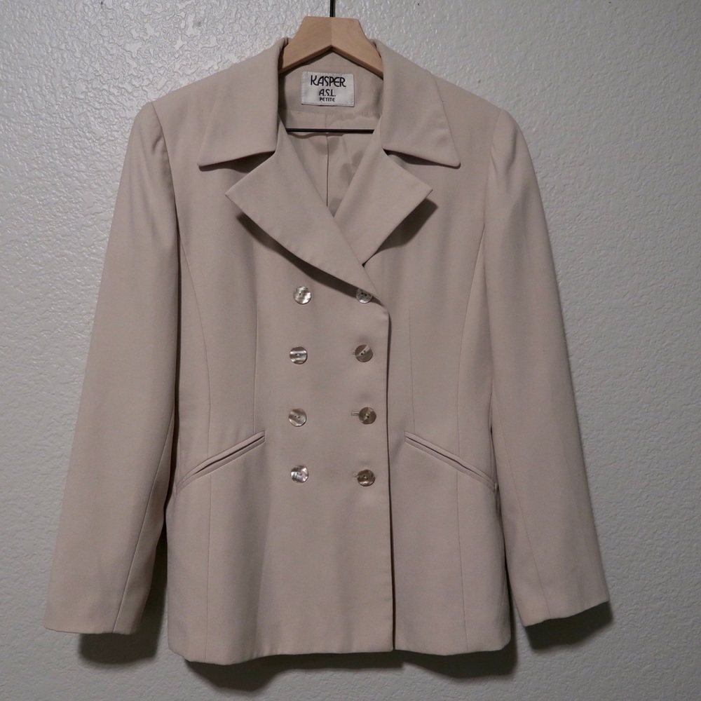 Beige Double Breasted Blazer Suit Jacket Career Cream Kasper ASL Petite - Picture 16 of 16